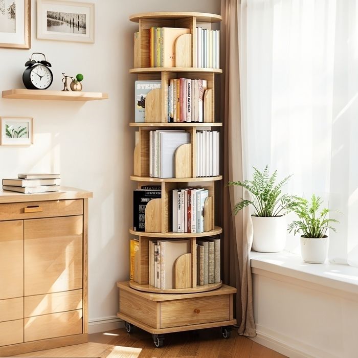 Bibliothèque rotative à 360° - Petite bibliothèque dangle pour petits espaces-5 étages-Étagère à livres indépendante-couleur bois