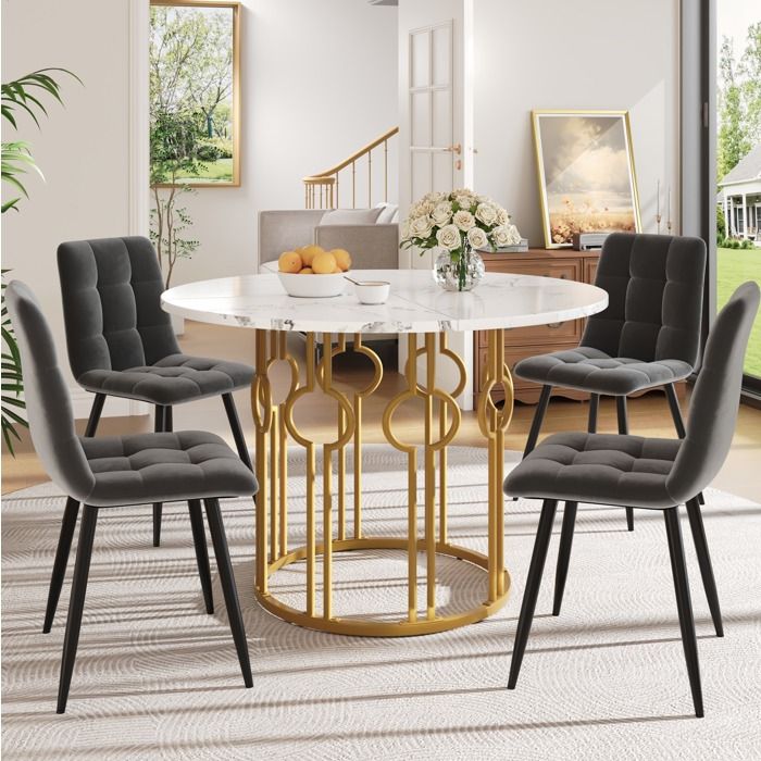 Ensemble table et chaises avec 1 table ronde et 4 chaises - BEAUNIV - plateau effet marbre métal et MDF - Multicolore