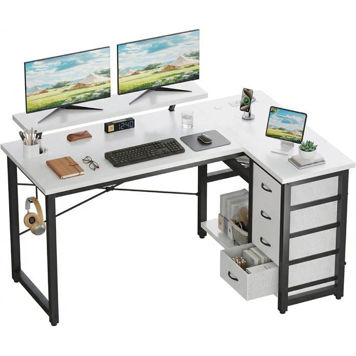 Bureau dangle en L 160x80cm 4 Tiroirs Réversible Blanc Bureau dordinateur 2 Prises et 2 Ports USB de Courant Support décran