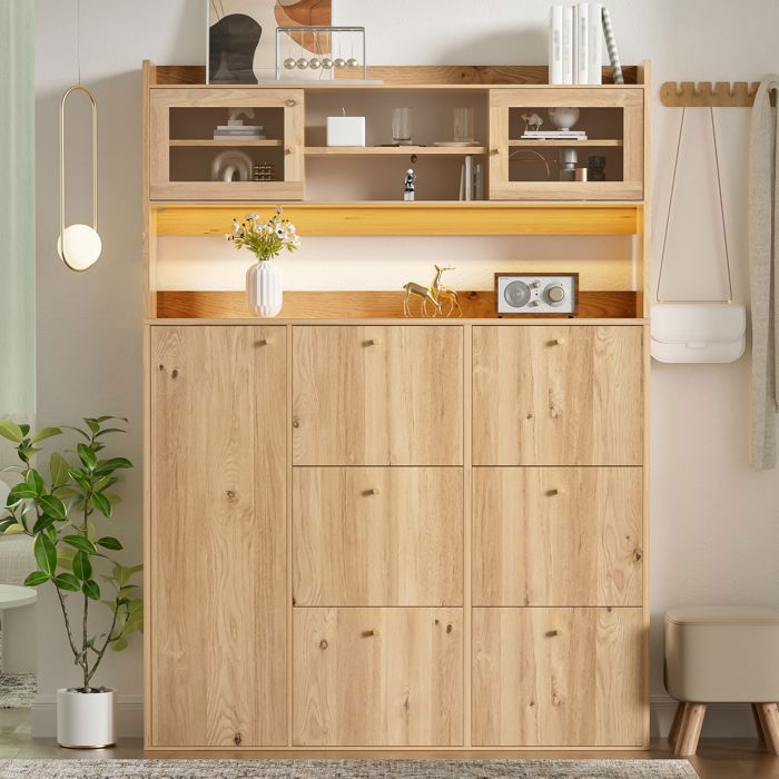 Meuble à Chaussures 6 Abattants avec LED et Verre 1 Porte 130 × 25 × 180 cm Effet Bois Naturel Meuble à Chaussures 6 Abattants avec LED et Verre 1 Porte 130 × 25 × 180 cm Effet Bois Naturel