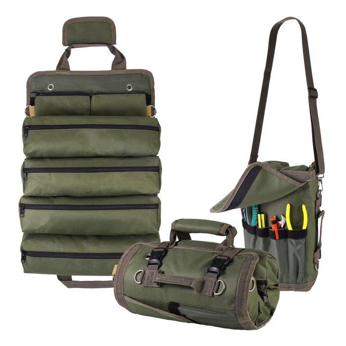 Sac à Outils Enroulable avec 2 Pochettes Détachables Tissu Oxford Imperméable Portable Pour Mécaniciens Électriciens