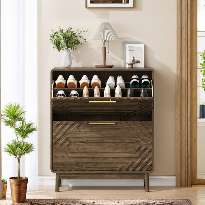 Meuble à chaussures en noyer H 80 cm style moderne médiéval avec un espace de rangement indépendant et 2 tiroirs coulissants