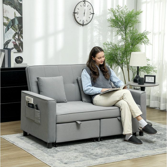 Canapé-lit 2 places gris en polyester dossier inclinable 3 positions 4 en 1 avec coussins et roulettes