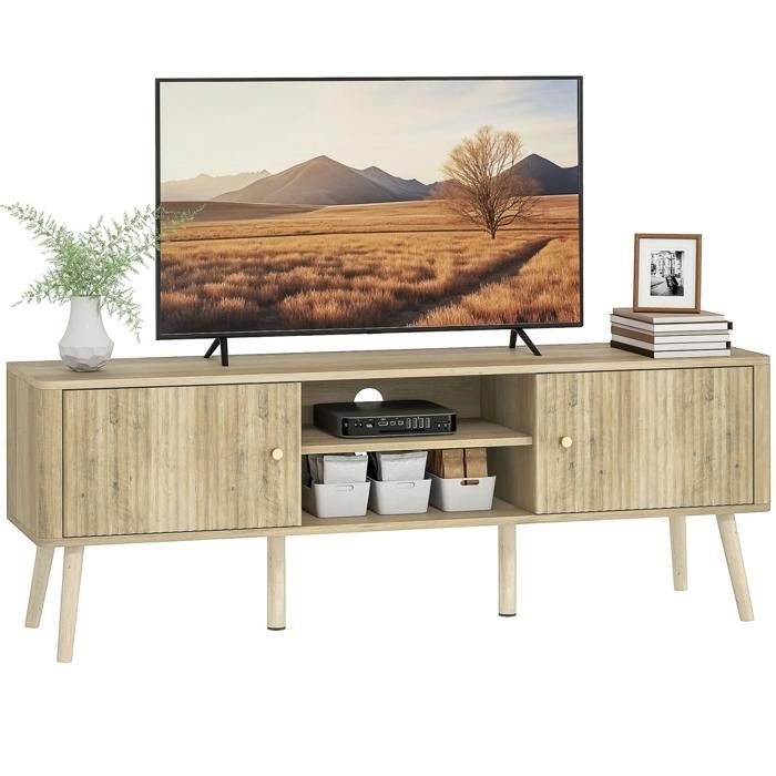 Meuble TV – 2 portes cannelées & étagère réglable – Style moderne pour salon – 140x35x49cm Chêne