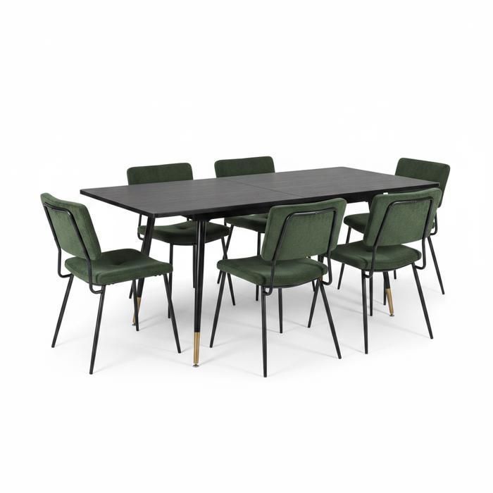 MEUBLES COSY Ensemble de salle à manger comprenant une table extensible et 6 chaises de salle à manger industrielles en tissu vert