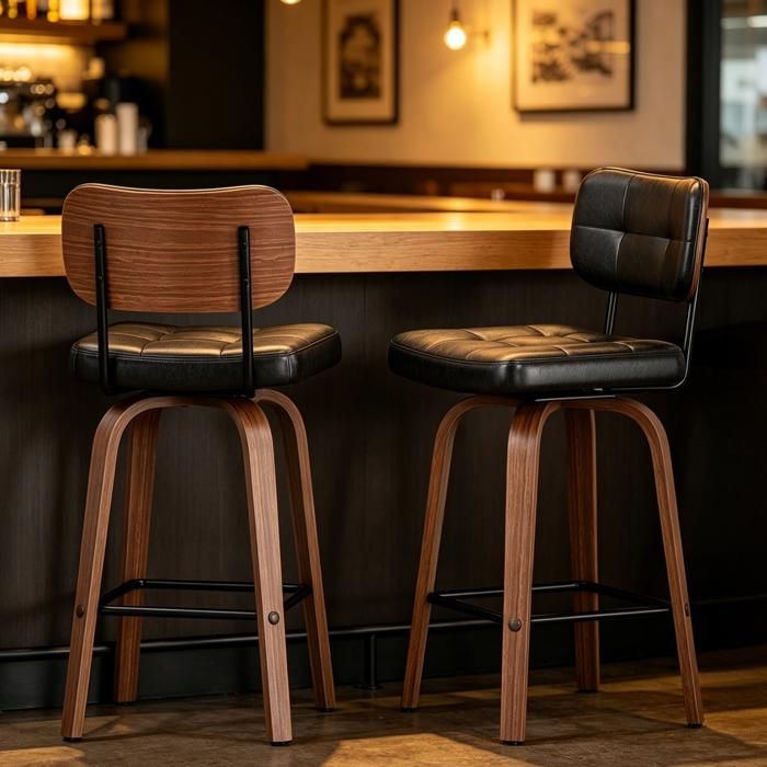 COVREO Lot de 2 tabourets de bar pivotants 360° en similicuir PU noir et bois noyer foncé