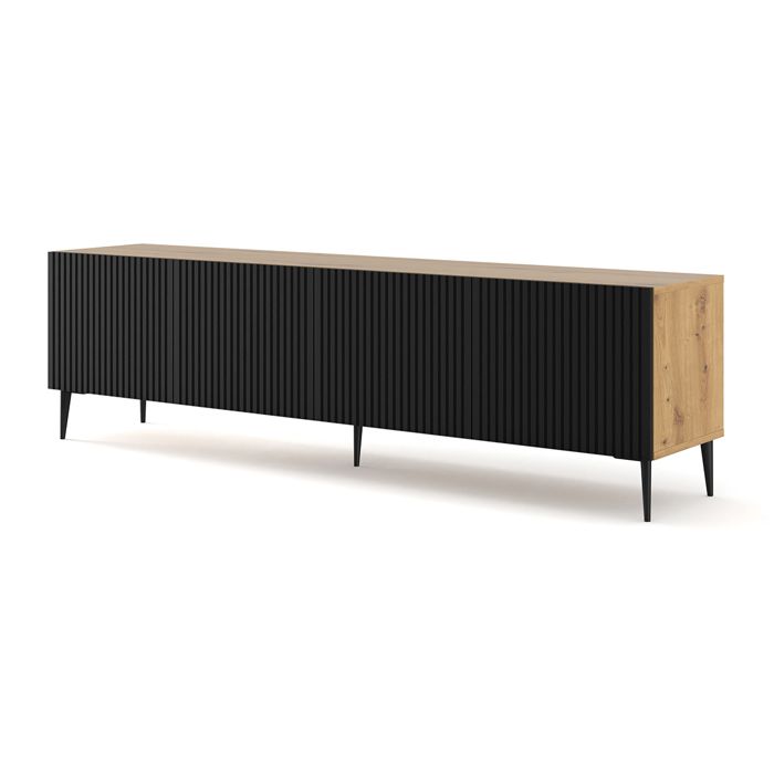 Meubles TV - Meuble TV Ravenna avec 4 portes en bois et pieds noirs - Noir et beige - L 200 x P 42 x H 56 cm Beige Meubles TV - Meuble TV Ravenna avec 4 portes en bois et pieds noirs - Noir et beige - L 200 x P 42 x H 56 cm Beige