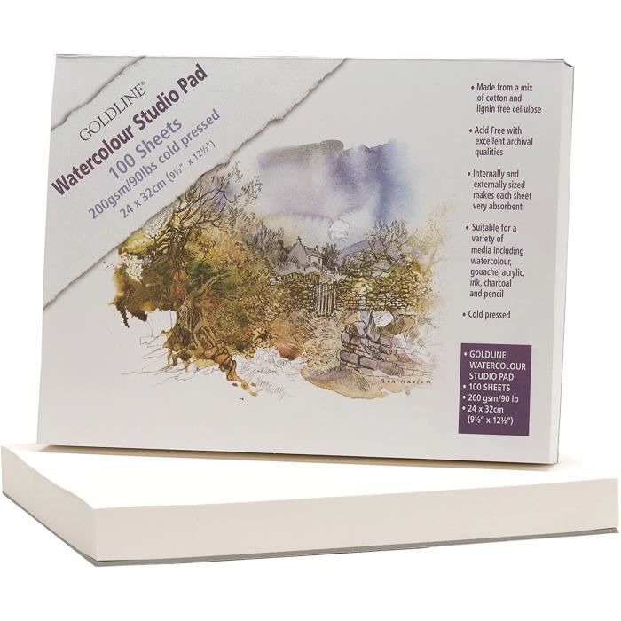 Bloc Papier Aquarelle Clairefontaine Goldline Studio - 100 Feuilles 24x32cm Grain Fin 200g, Pour Aquarelle Et Techniques Humides