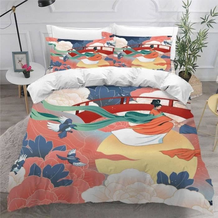 Housse De Couette 3D Aquarelle Japonaise 140x200 Cm + 2 Taies D'oreiller 50x75 Cm - Microfibre Douce, Fermeture éclair Cachée - Parure De Lit 3 Pièces Pour Fille Ou Garçon
