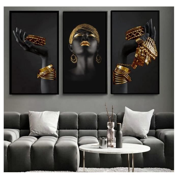 Femme Africaine Toile Peinture Femme Noire avec des Bijoux en Or Affiche et Image Mur Art Mural Moderne Salon Décoration Murale 70x100cm-3Pieces Sans Cadre