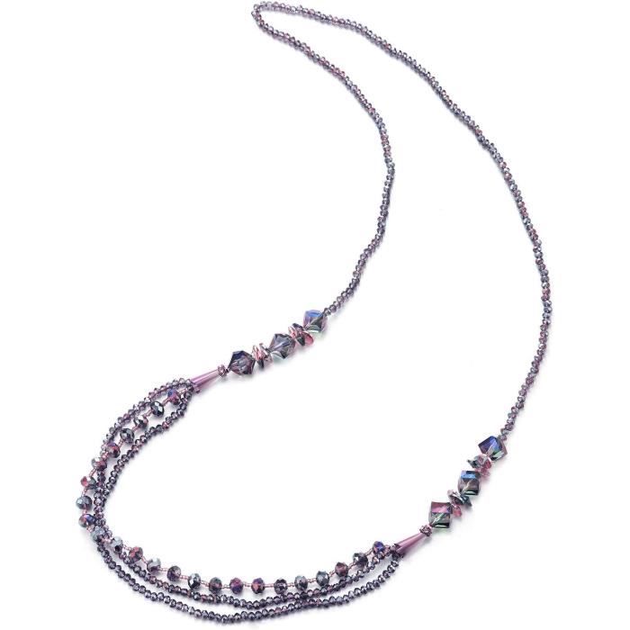 Collier Fantaisie Femme Trois Rangs - Chaîne Longue 87 Cm, Pendentif Boule Cristal Champagne Et Noir, En Alliage, Cadeau élégant