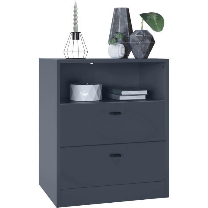 Buffet Pino V1, Table De Chevet Avec 2 Tiroirs & 1 Compartiment Ouvert Anthracite Matblanc Haute Brillance Avec Eclairage Led Rvb  56 X 675 X 36 Cm