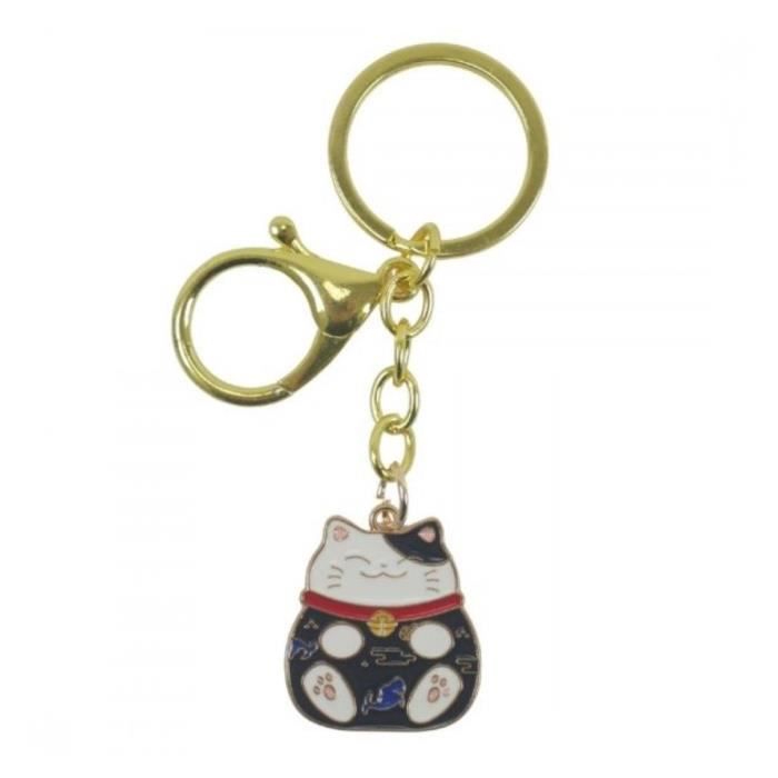 Chat porte-bonheur Japonais Porte-clé Maneki Neko Noir à grelot