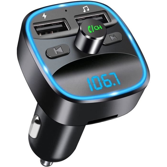 Transmetteur Bluetooth FM, Bluetooth 5.0 Adaptateur d'autoradio Lecteur MP3  Kit mains libres sans fil, chargeur allume-cigare avec deux ports USB 5V /  2.4A