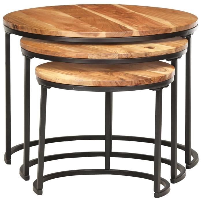 ensemble de 3 tables gigognes - bois d'acacia massif - design industriel