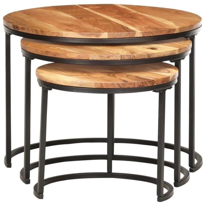 Ensemble de 3 Tables Gigognes - Bois dacacia massif - Design Industriel