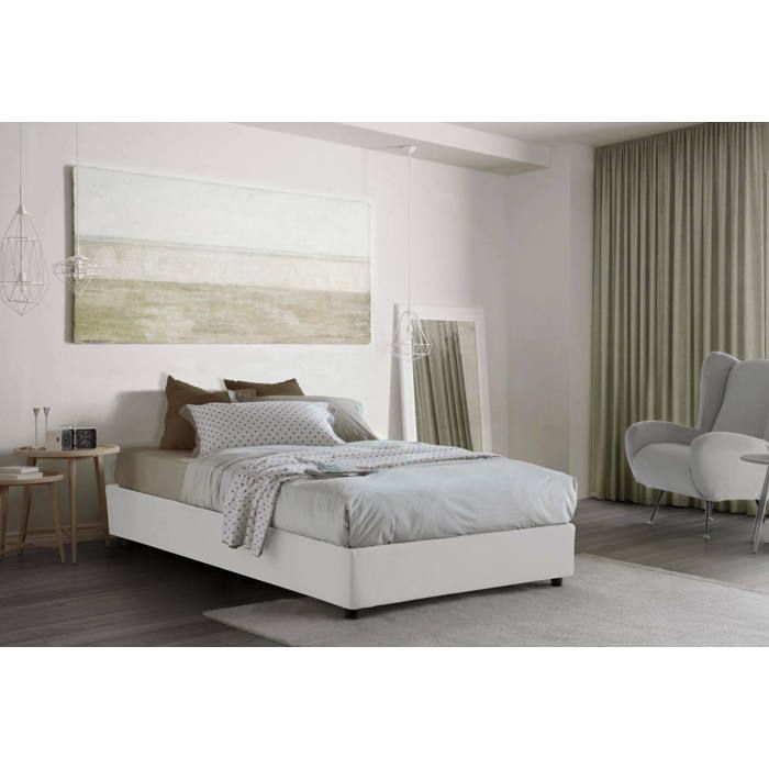 Dmora - Lit queen size Chiara 205x135h32 cm Blanc Panneau effet bois et Polyester