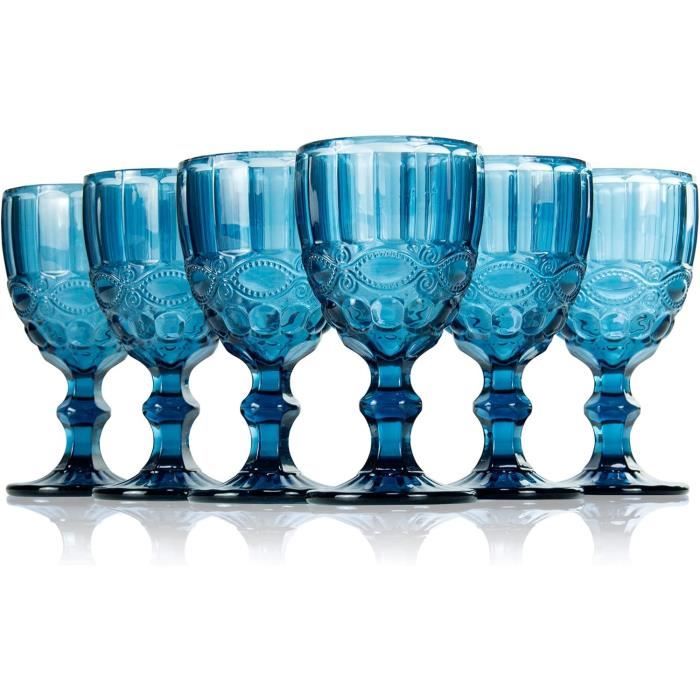 Lot de 6 verres à vin et verres à boire vintage colorés avec motif diamant (filet bleu à vin), verres à long drink, verres à cocktail avec gaufrage, verre à boire, verre