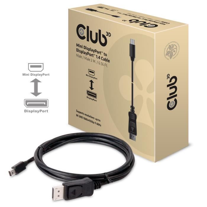 Club 3D MINI DISPLAY PORT 1.4 MALE TO DISPLAYPORT 1.4 MALE CABLE 2METER (CAC-1115)