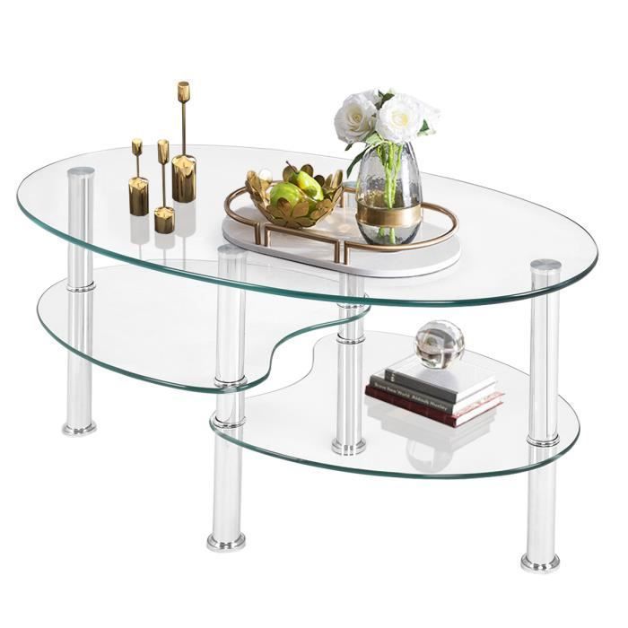 GIANTEX Table Basse en Verre Trempé à 3 Étages OvaleTable de Salon avec Structure en Métal (Acier)89 x51x455 CMStyle Moderne