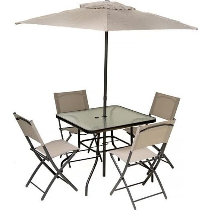 Ensemble de salon de jardin repas avec parasol "Vico" - 4 places - Beige