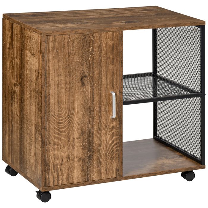 Meuble Imprimante Roulant Avec 3 Tiroirs Et 2 étagères - 80x40x65,5 Cm - Prises USB Intégrées - MDF Marron/noir - 5