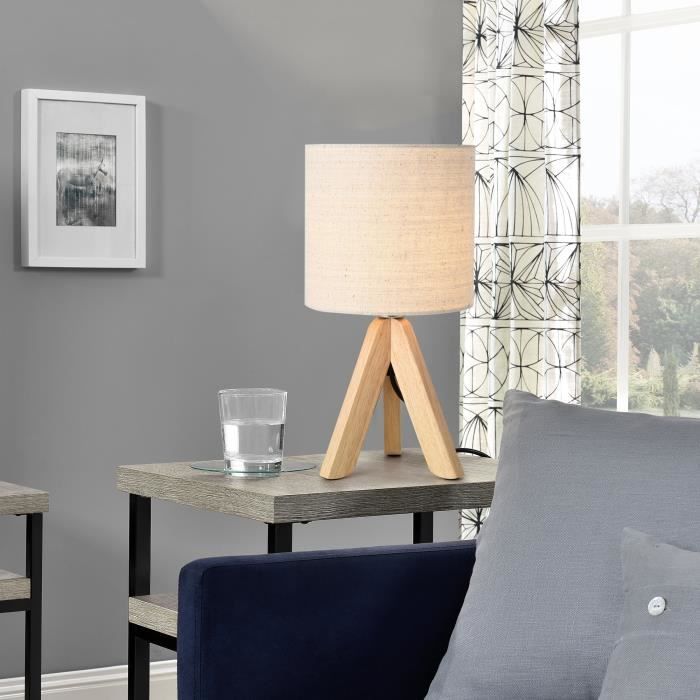 Lampe de Bureau Koblenz Trépied E14 Bois Lin Hauteur 37.5 cm Beige Bois Naturel
