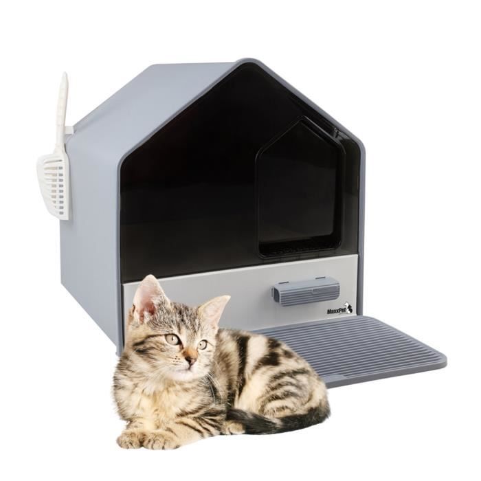 MaxxPet Bac à litière 46x41x46 cm - Toilettes pour chat - Avec pelle et tapis de litière pour chat - Maison de toilettes - Gris
