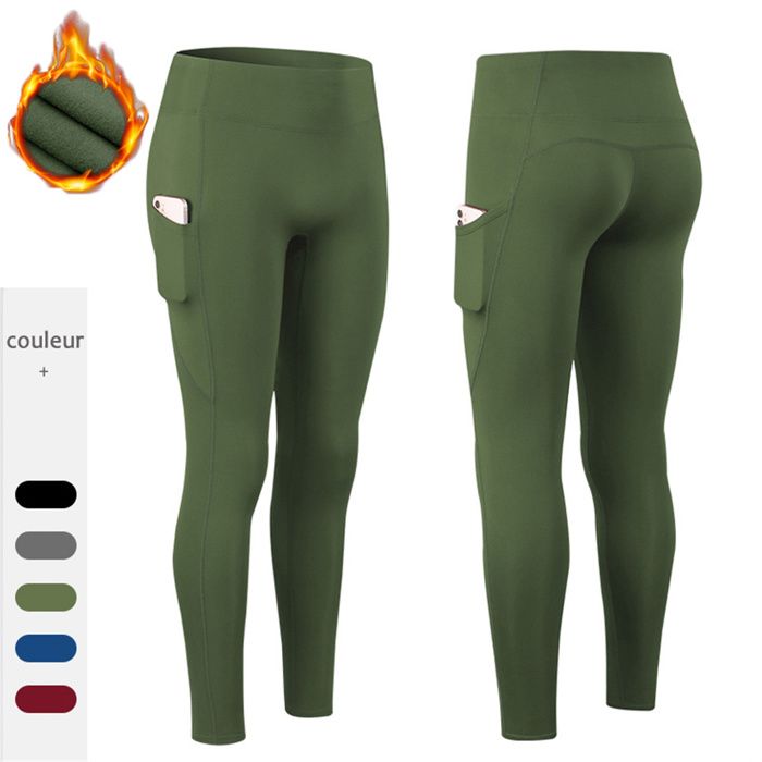 Femmes Pantalon Sport Legging Fitness Haute Élasticité Musculation Training Survêtement sous-Vêtements Thermiques avec Poches Vert