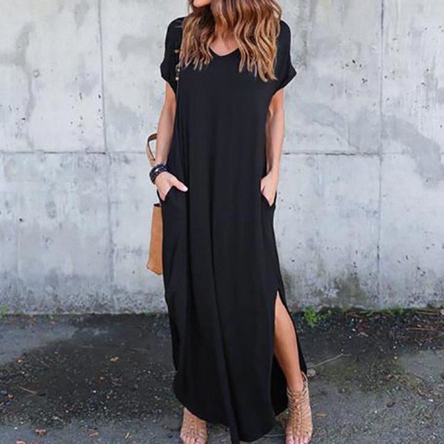 Robe,Robe longue Vintage à manches courtes pour femmes,couleur unie