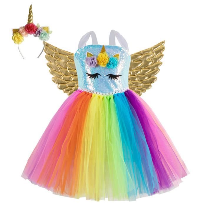 Iixpin Enfant Fille Robe Princesse Arc en Ciel Paillette Costume Licorne  Robe Cérémonie Soirée Fête 2-12 Ans Bleu - Cdiscount Prêt-à-Porter