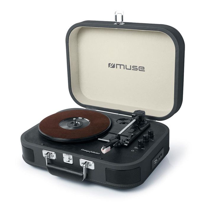 Platine vinyle stéréo Noire 33/45/78 tours avec enceintes intégrées - USB/SD/AUX - Prise casque Platine vinyle stéréo Noire 33/45/78 tours avec enceintes intégrées - USB/SD/AUX - Prise casque