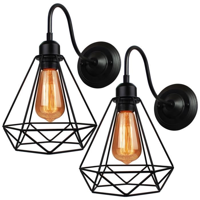 A E27 Applique Murale Vintage Industrielle Plafonnier Luminaire Bois Design Rétro Lamp Murale Interieure Noir Diamant Cage en Métal pour Salon Cuisine Chambre A E27 Applique Murale Vintage Industrielle Plafonnier Luminaire Bois Design Rétro Lamp Murale Interieure Noir Diamant Cage en Métal pour Salon Cuisine Chambre