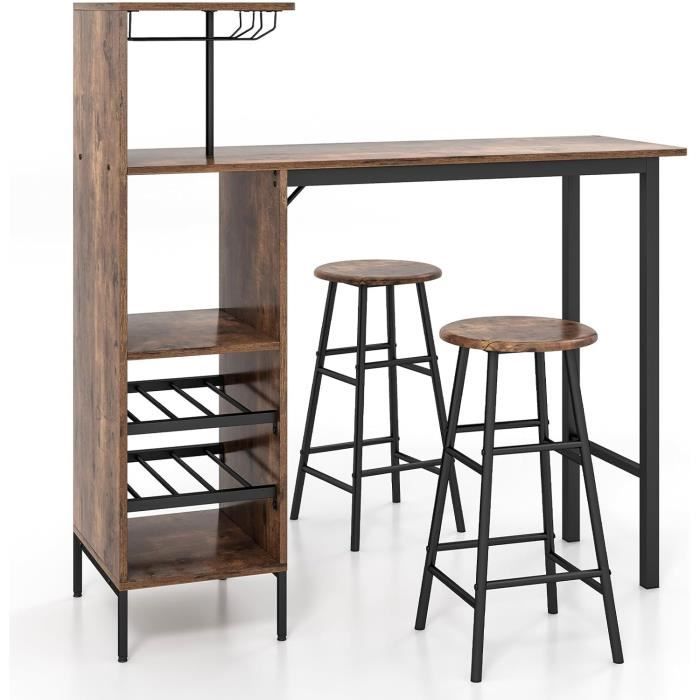 RELAX4LIFE Ensemble Table à Manger avec 2 Tabourets Porte-Bouteille&Porte-Verre Table Bistrot et Chaises Charge Total 250KG Café