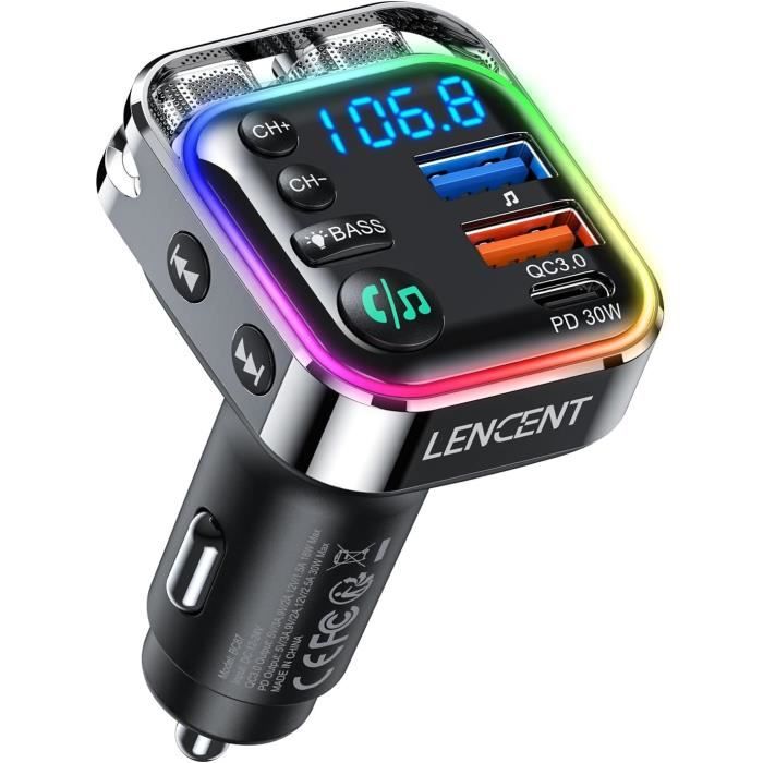 Transmetteur FM Bluetooth LENCENT | Charge Rapide PD30W/QC3.0 | Pour Voiture - Prise Allume-cigare