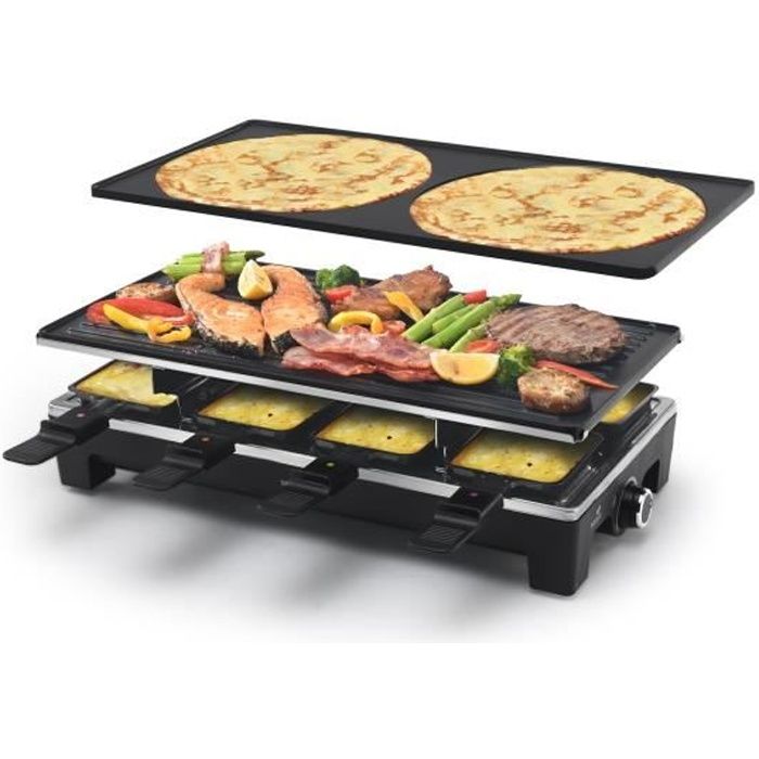 HKoeNIG RP418 - Appareil a Raclette 4 en 1 - 8 personnes - 6 mini crepes -  Grill - Température réglable - 1500W - Plaques amovibles