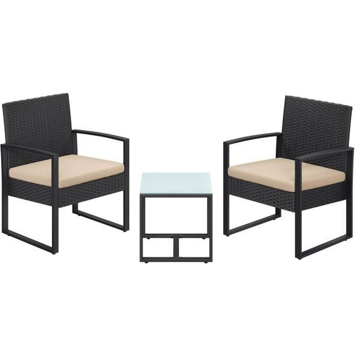 ensemble table et chaises de jardin songmics - noir et beige - 2 fauteuils et 1 table - métal