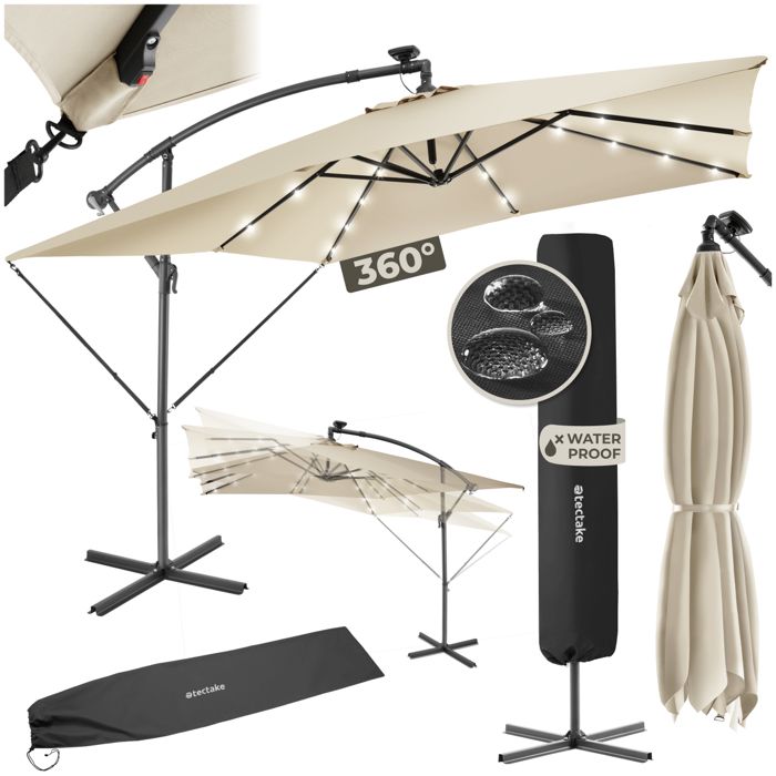 Parasol - TECTAKE - Parasol à LED solaire SUNNA avec manivelle et inclinaison réglable housse incluse 25 x 25 m - Beige