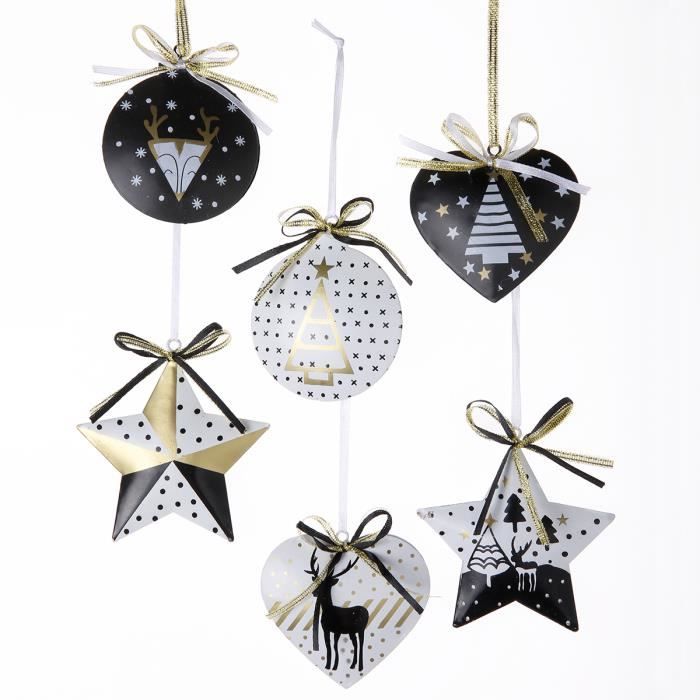Lot De 6 Sujets De Noël Métal Doré Blanc Et Noir à