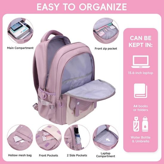 VARLIVOO Sac à Dos Filles Adolescents - Cartable Ordinateur 15.6 Pouces Imperméable Violet - Voyage École Camping