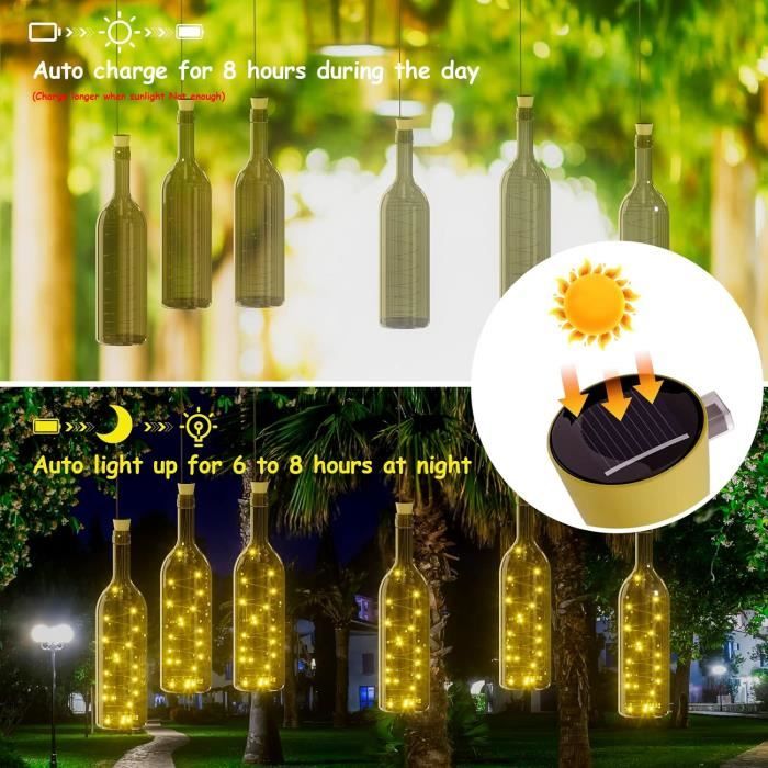 12PCS LED bouteille guirlande lumière, 2m 20 LED bouteille lumière  imperméable à l'eau flexible fil de cuivre partie mariage Jardin Blanc chaud
