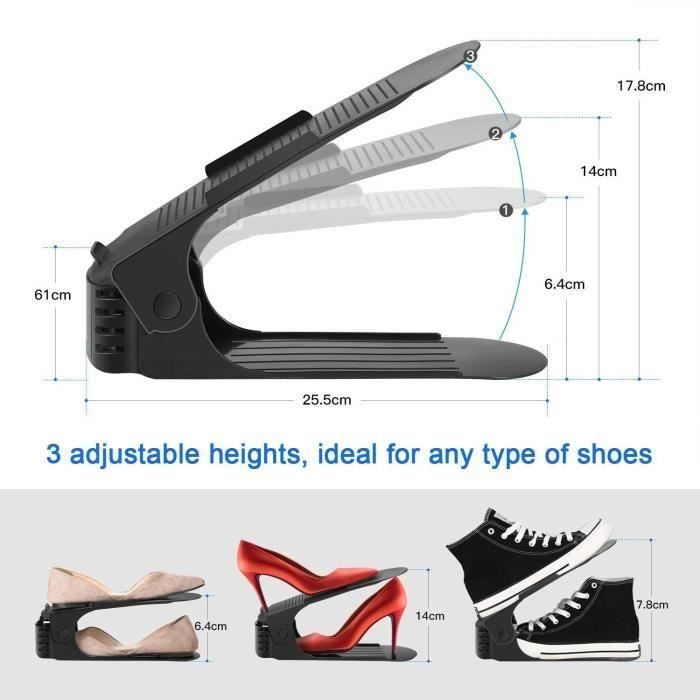 10 Supports à Chaussures Réglables - Gain De Place - BEYAOBN - Noir