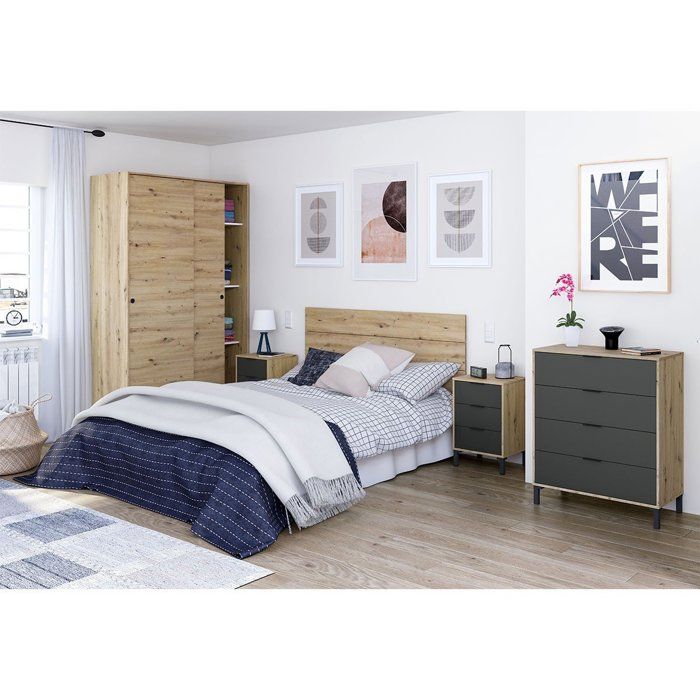 Commode ENZO 4 Tiroirs - Décor anthracite et chêne - L 77,5 x P 40 x H ...