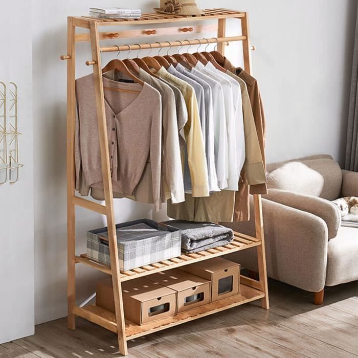 Portant Bambou 3-en-1 - Penderie Open Space Pour Chambre & Entrée - Rangement Vêtements & Chaussures - 165cm