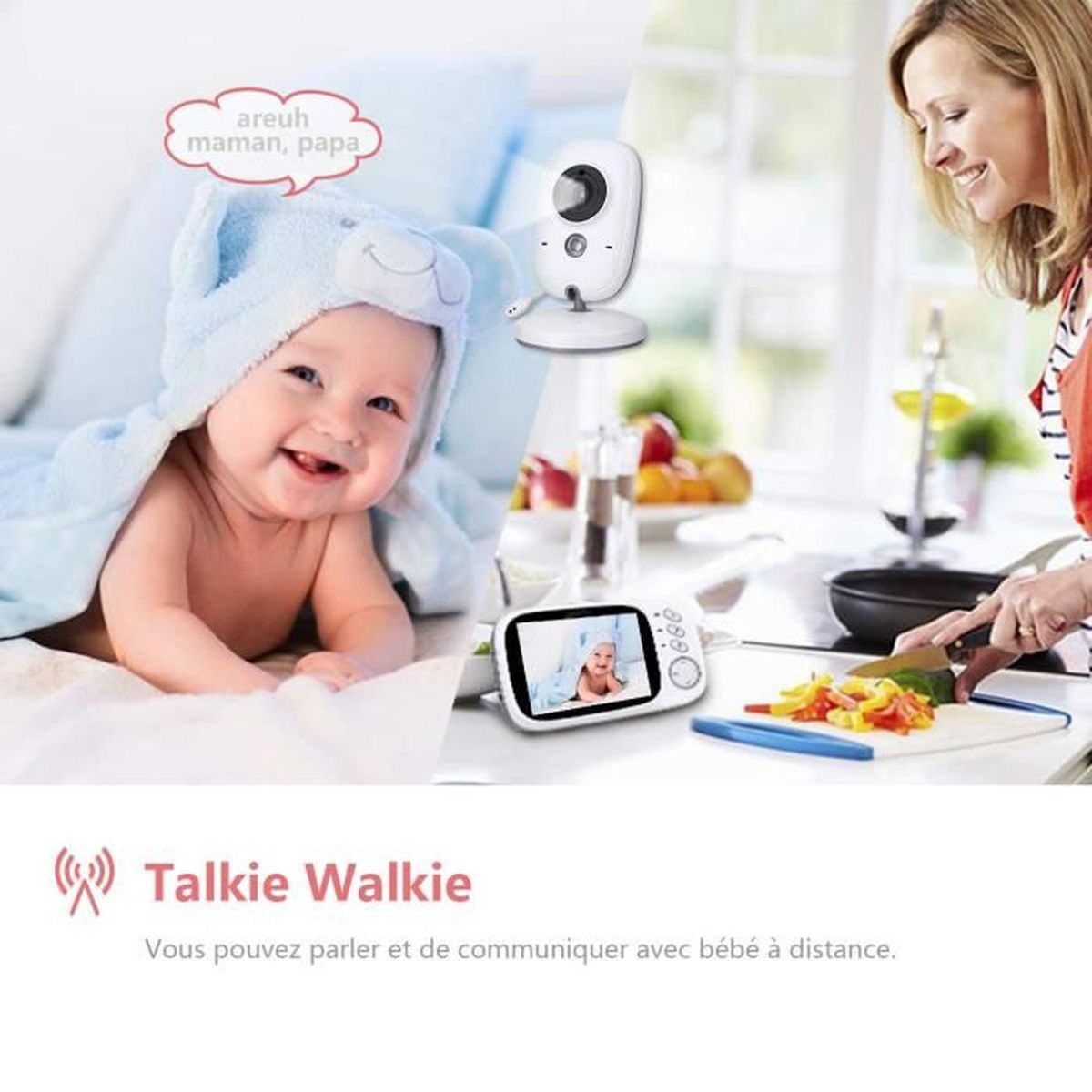 Babyphone Vid/éo Cam/éra sans Fil 2,0 Pouces Moniteur B/éb/é 2,4 GHz Cam/éra B/éb/é Talkie Walkie Surveillance Temp/érature Vision Nocturne et Berceuses Int/égr/ées avec Ecran LCD Color/é