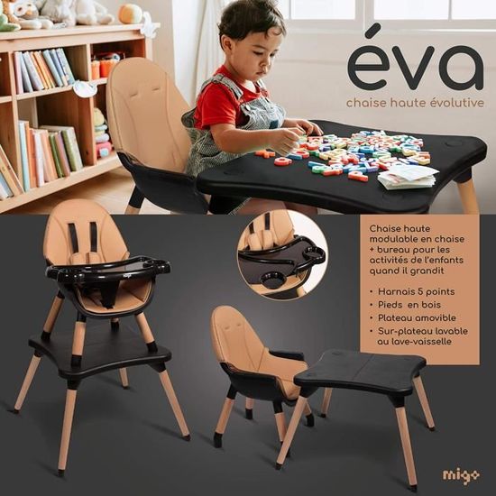 Chaise haute évolutive EVA 2 en 1 dès 6 mois avec pieds en bois -  transformable en chaise enfant + bureau de 3 à 5 ans (Marron) - Cdiscount  Puériculture & Eveil bébé
