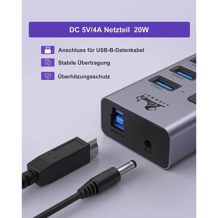Hub USB 3.0, actif avec bloc d'alimentation 8 ports universel