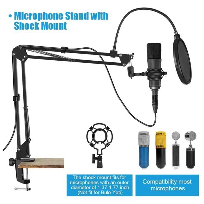 Support de Microphone, Bras de Bras de Microphone à Suspension de Bureau  RéGlable pour Blue Yeti, Boule de Neige et Autres Micros