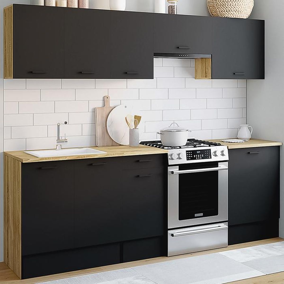 Cuisine Complète CELOMIA Avec Plan De Travail 200 Cm - Blanc Et Naturel - 5 éléments (2 Hauts, 3 Bas) - Style Contemporain - 10