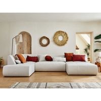 Canapé panoramique d'angle gauche 7 places en tissu beige - Lisa Design